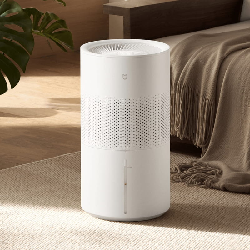 Xiaomi Mijia Smart Evaporative Humidifier Pro en color blanco, diseño cilíndrico, rejilla superior, panel perforado y ventana frontal para nivel de agua