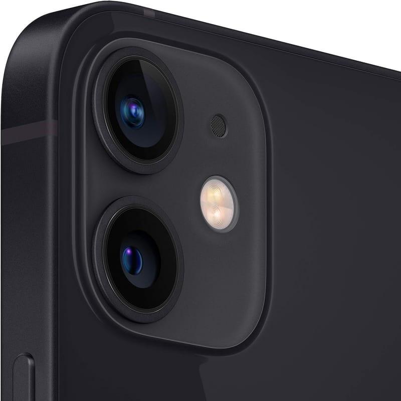 Câmeras traseiras duplas do iPhone 12 Mini preto, lente grande-angular e ultra-angular, módulo elevado com flash True Tone e acabamento brilhante renovado