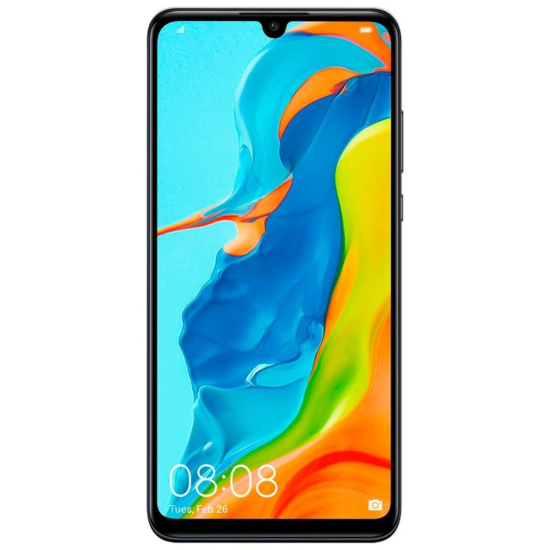 Perfil lateral del Huawei P30 Lite negro, cuerpo delgado y brillante, botones de volumen y encendido visibles; acabado renovado en estado excelente.