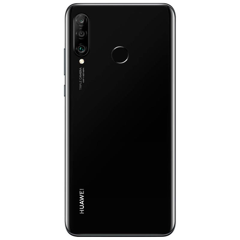 Huawei P30 Lite negro renovado, pantalla sin bordes con notch en gota, marco delgado y brillo vivo. Estado excelente, 6GB/128GB. Diseño elegante y ligero.