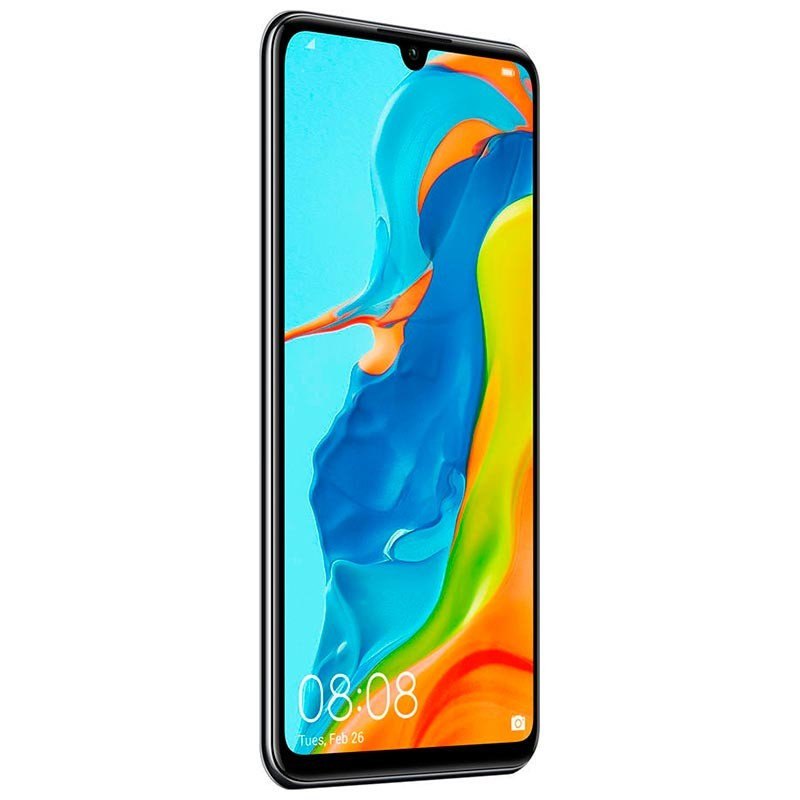 Huawei P30 Lite negro renovado en estado excelente: triple cámara trasera vertical, lector de huellas trasero, acabado brillante 6GB/128GB.