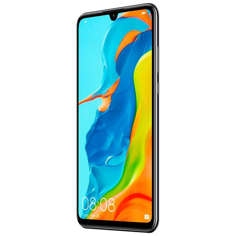 Lateral del Huawei P30 Lite negro renovado, perfil delgado con módulo de cámara trasera sobresaliente; acabado brillante, 6GB/128GB, estado excelente.