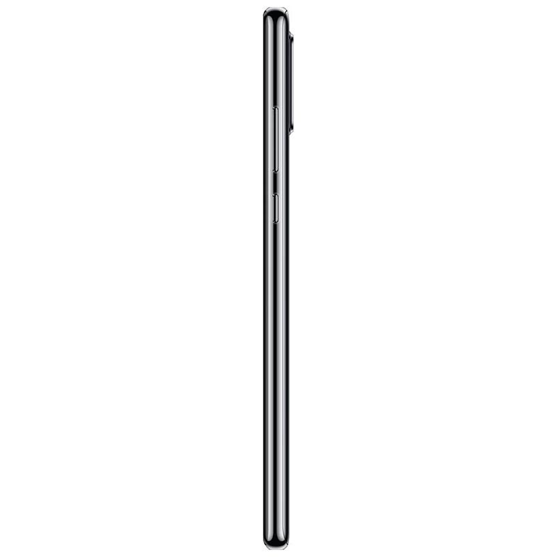 Huawei P30 Lite negro renovado, trasera brillante con triple cámara vertical, lector de huellas centrado y logo Huawei inferior. 6GB RAM, 128GB almacenamiento.