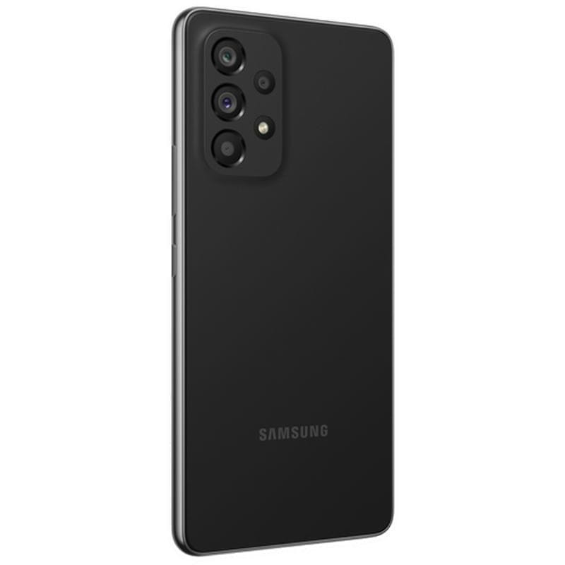 Samsung Galaxy A53 5G preto renovado bom estado, tela grande com bordas finas, furo central para câmera frontal e vidro levemente curvo nas bordas
