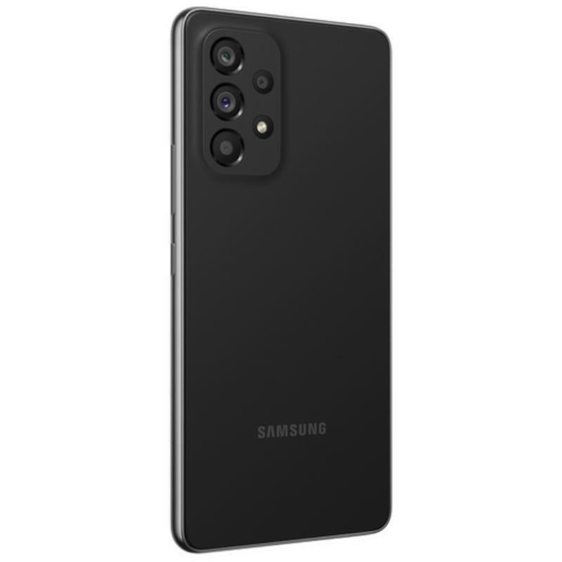 Samsung Galaxy A53 5G preto renovado bom estado, tela grande com bordas finas, furo central para câmera frontal e vidro levemente curvo nas bordas