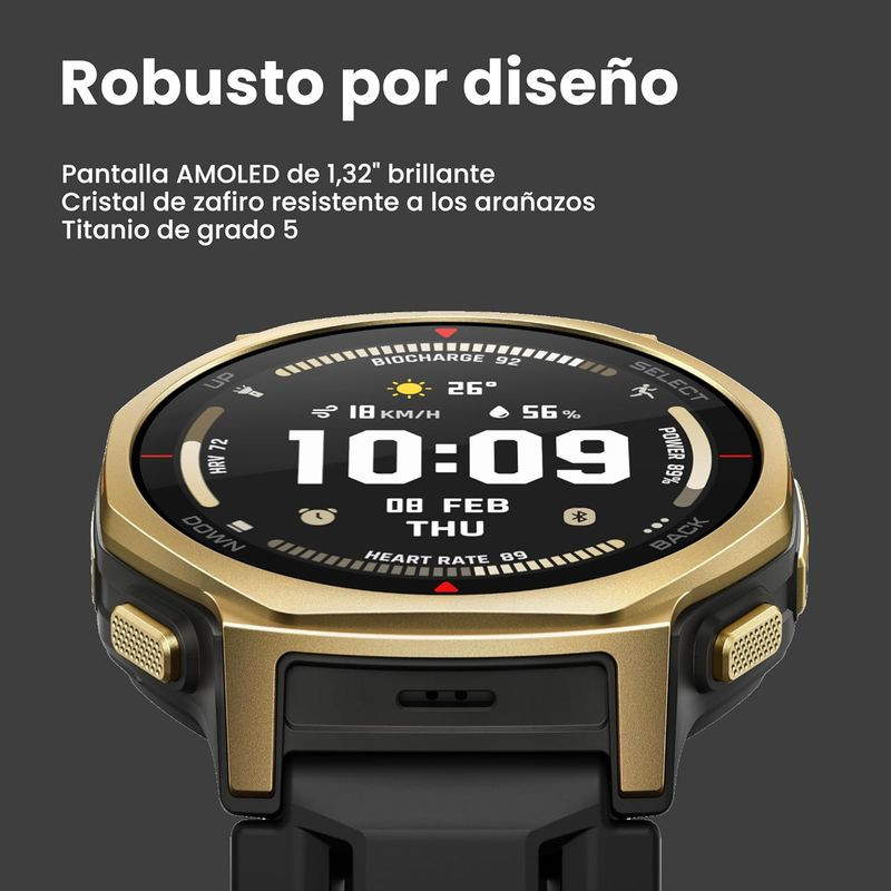 Amazfit T-Rex 3 Pro Oro: smartwatch robusto en titanio grado 5, bisel dorado, pantalla AMOLED 1,32" y cristal de zafiro resistente a arañazos