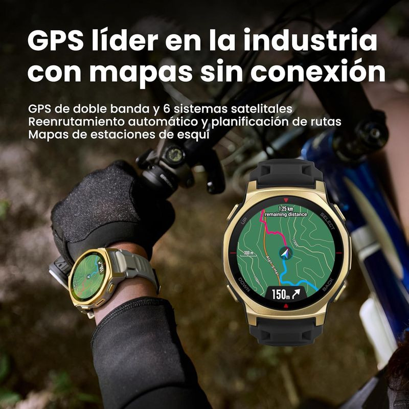 Amazfit T-Rex 3 Pro Oro: smartwatch dorado robusto con bisel metálico, correa negra y pantalla mostrando mapas de navegación, rutas y altitud en tiempo real.