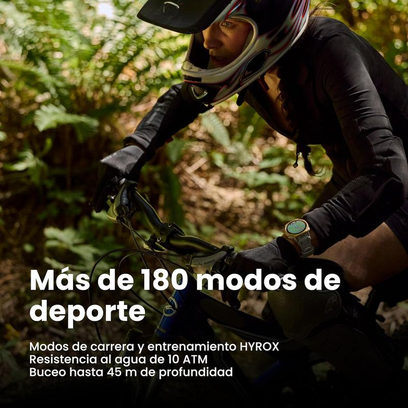 Amazfit T‑Rex 3 Pro Oro en muñeca de ciclista, caja robusta dorada, pantalla circular, correa deportiva; resistente 10 ATM y apto para más de 180 modos
