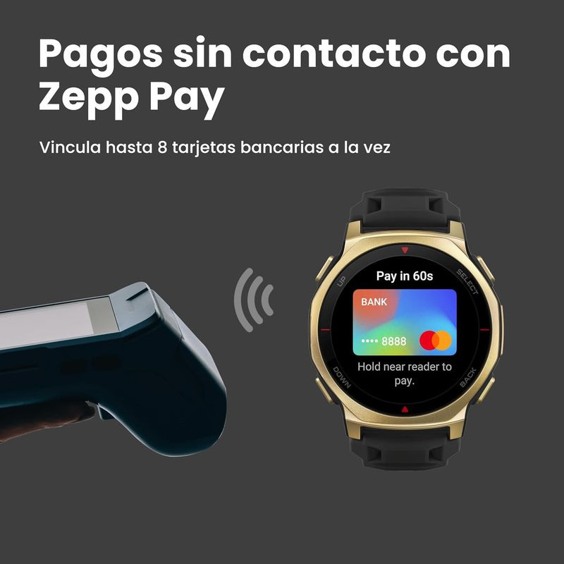 Amazfit T-Rex 3 Pro Oro con caja dorada y correa negra; pantalla a color mostrando Zepp Pay y pagos sin contacto, icono NFC y lector cercano.
