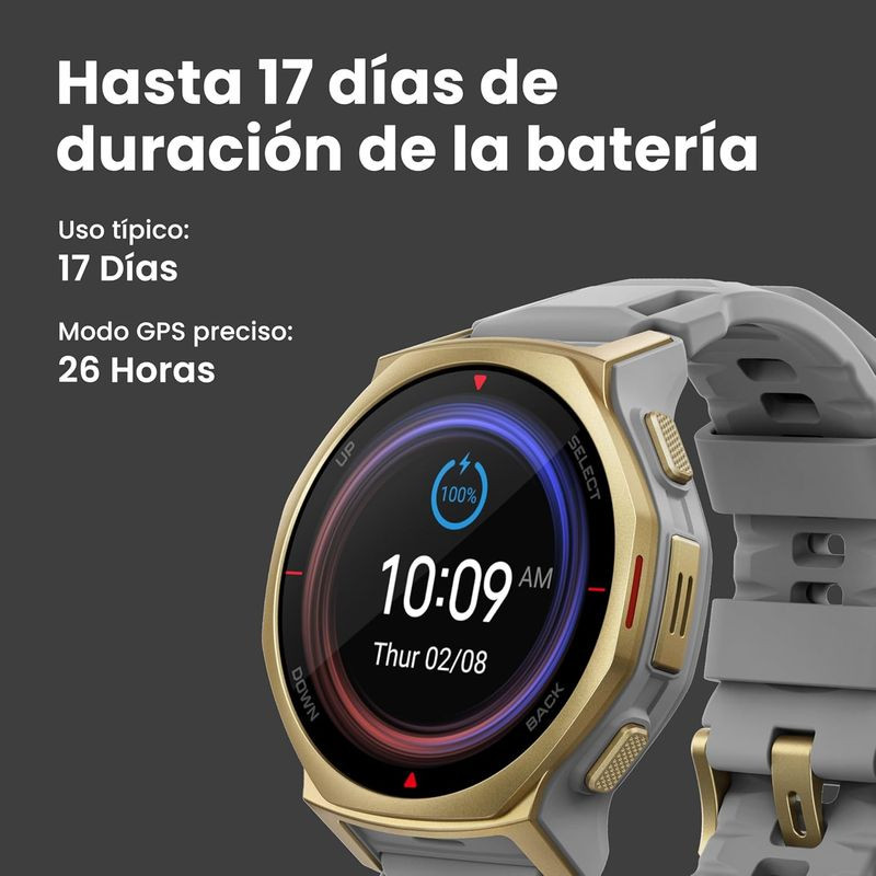 Amazfit T-Rex 3 Pro Oro con bisel dorado, pantalla circular con biselado, correa gris robusta y botones laterales; indicador de batería y hora en pantalla.