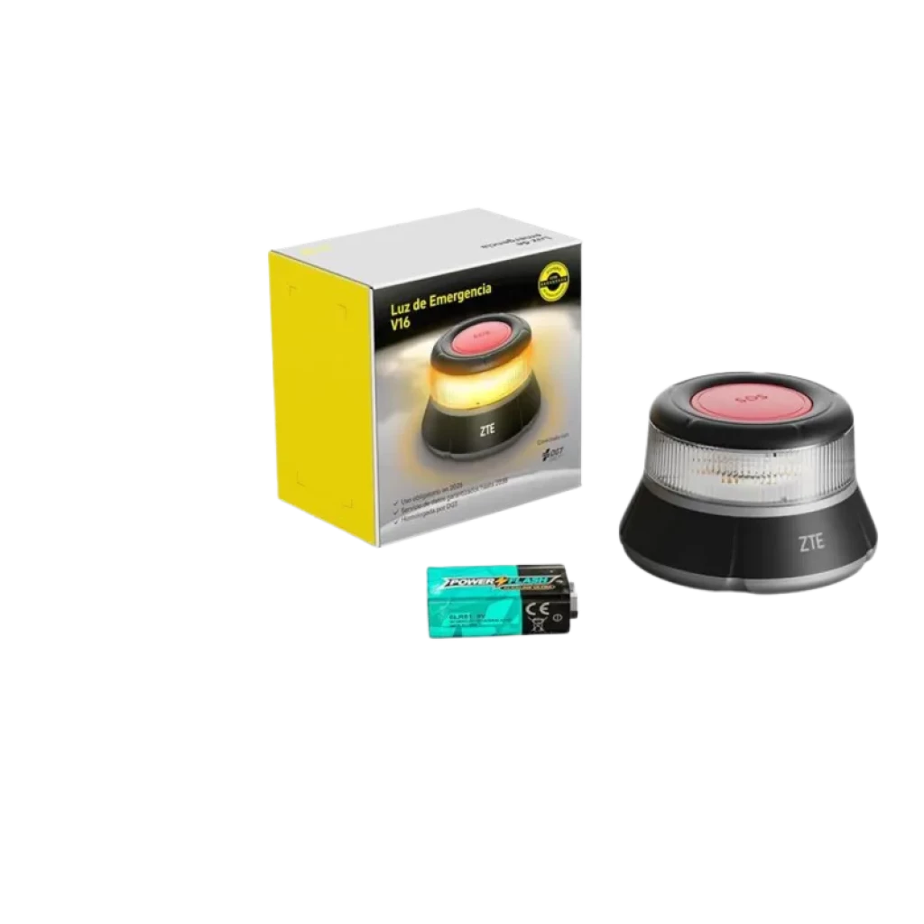 Baliza de emergência ZTE E1 V16 IP54 com luz LED âmbar 360°, base magnética, botão vermelho superior e caixa amarela; inclui bateria e homologação DGT