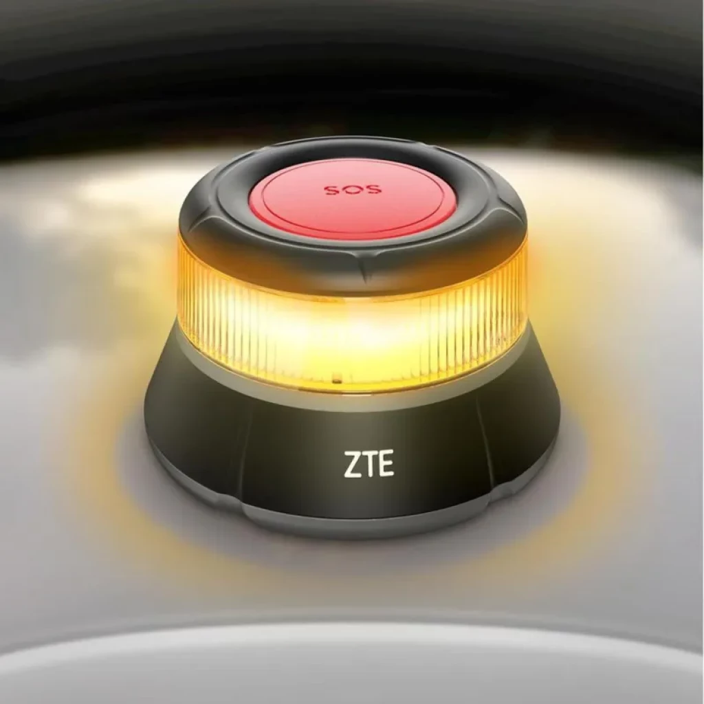 Baliza de emergência ZTE E1 V16 IP54 com luz LED âmbar 360°, botão SOS vermelho, base magnética e geolocalização conectada, homologada pela DGT