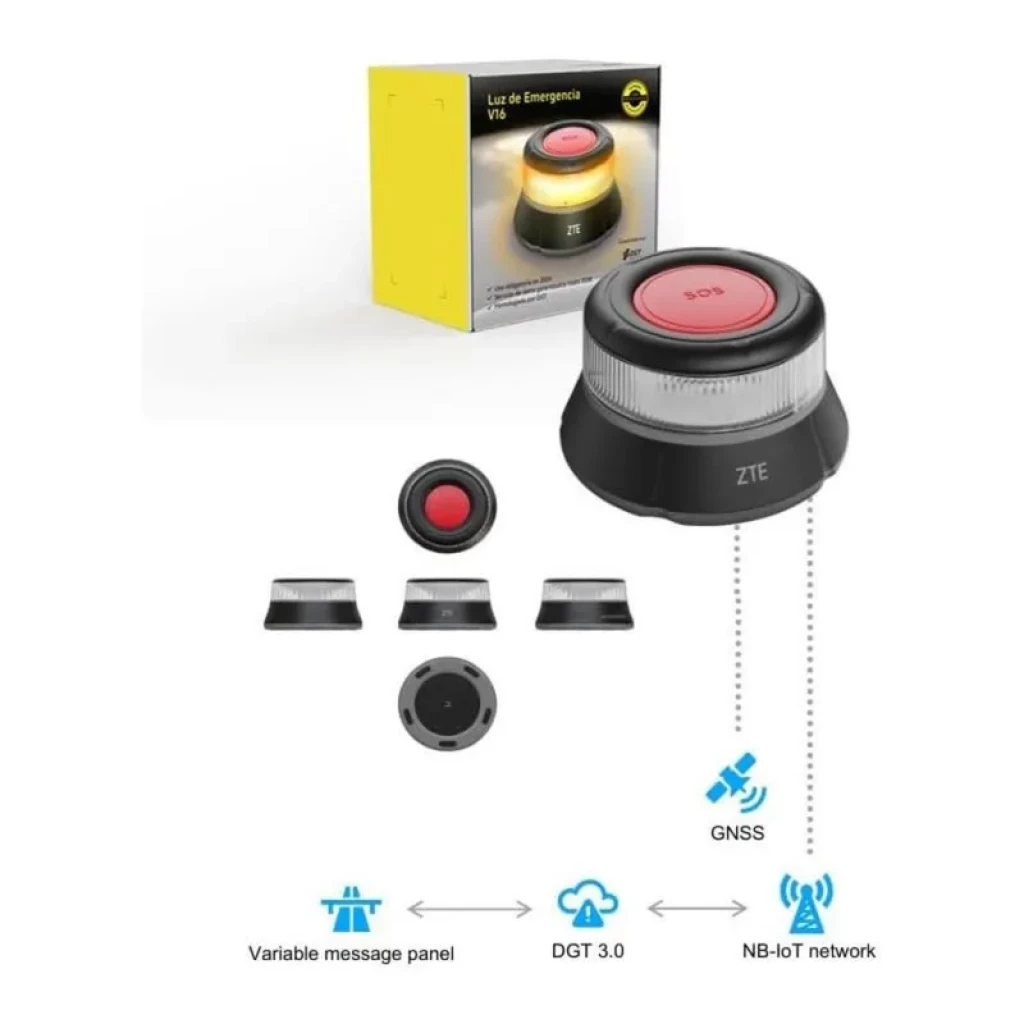Baliza de emergência ZTE E1 V16 IP54 com botão SOS vermelho, luz 360° branca, base magnética, painel de mensagens, GNSS e conectividade NB‑IoT,
