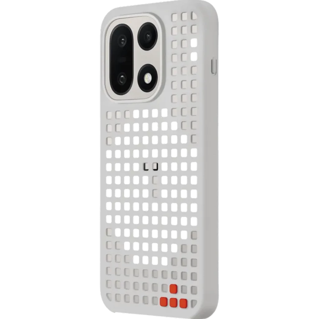 Capa magnética OnePlus 15 Hole-pattern Cinzento com grelha perfurada, proteção para câmara dupla e detalhe vermelho no canto inferior