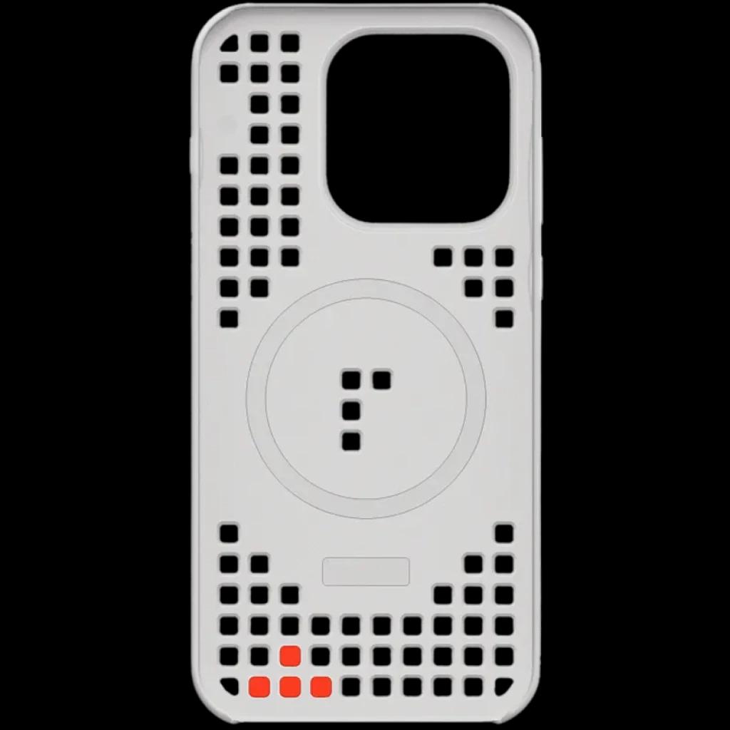 Capa magnética OnePlus 15 cinzenta com padrão de furos, anel central para carregamento, recortes precisos para câmera e detalhes em laranja na base