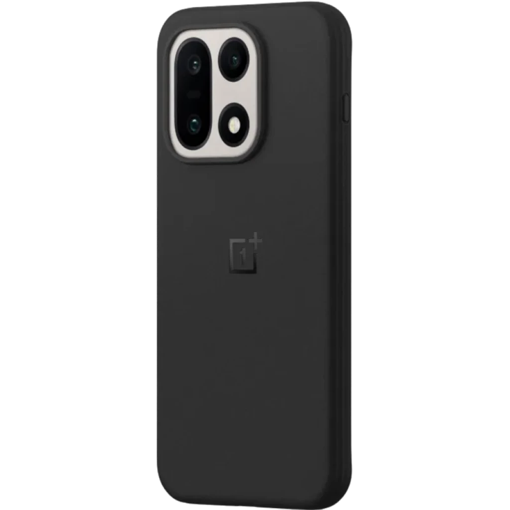 Funda Magnética OnePlus 15 Sandstone Negro con acabado arenado antideslizante, logo OnePlus centrado y recorte preciso para módulo de cámara triple