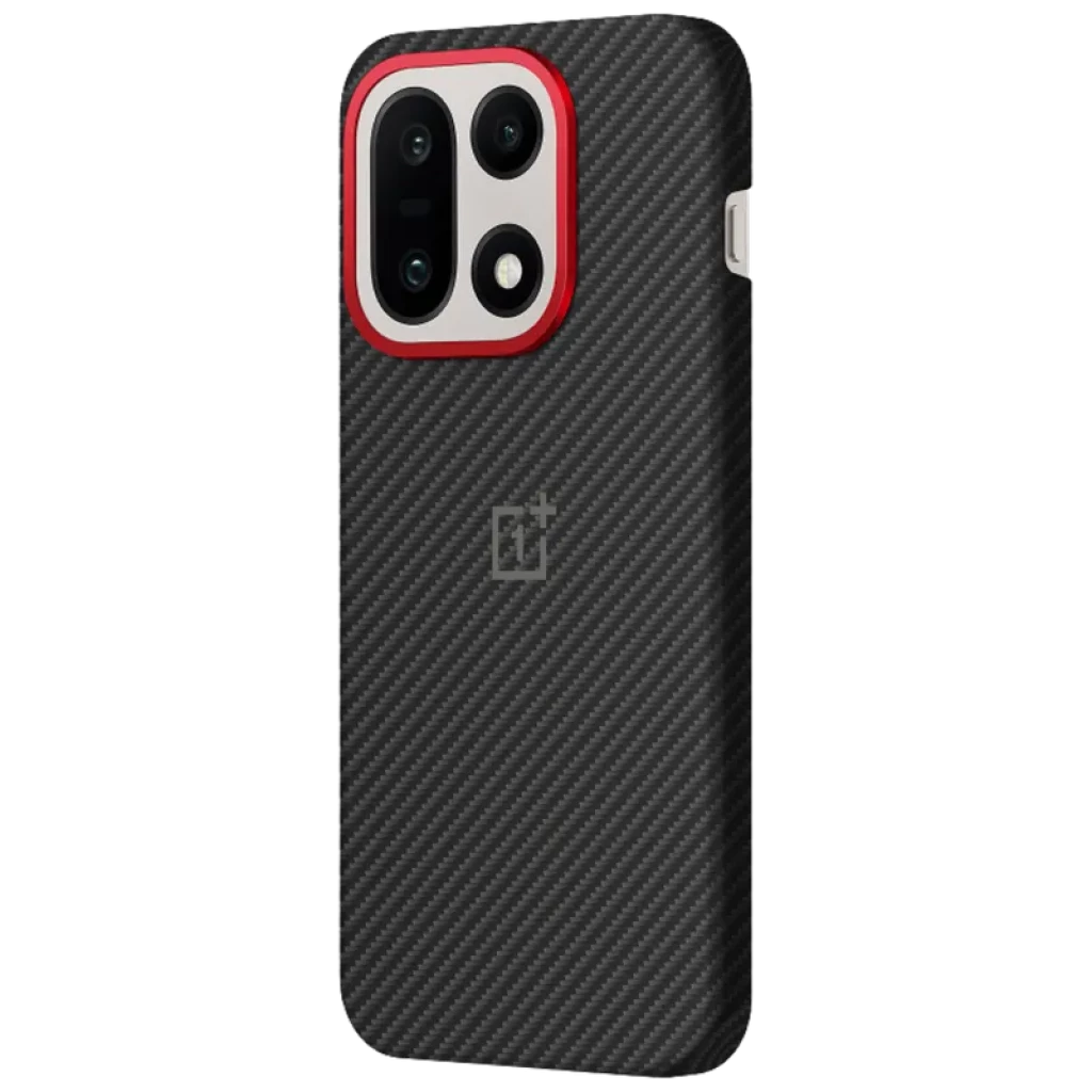 Capa magnética OnePlus 15 Aramid Fiber Preto com textura de fibra de aramida, moldura da câmera em vermelho, logo OnePlus central e recortes precisos