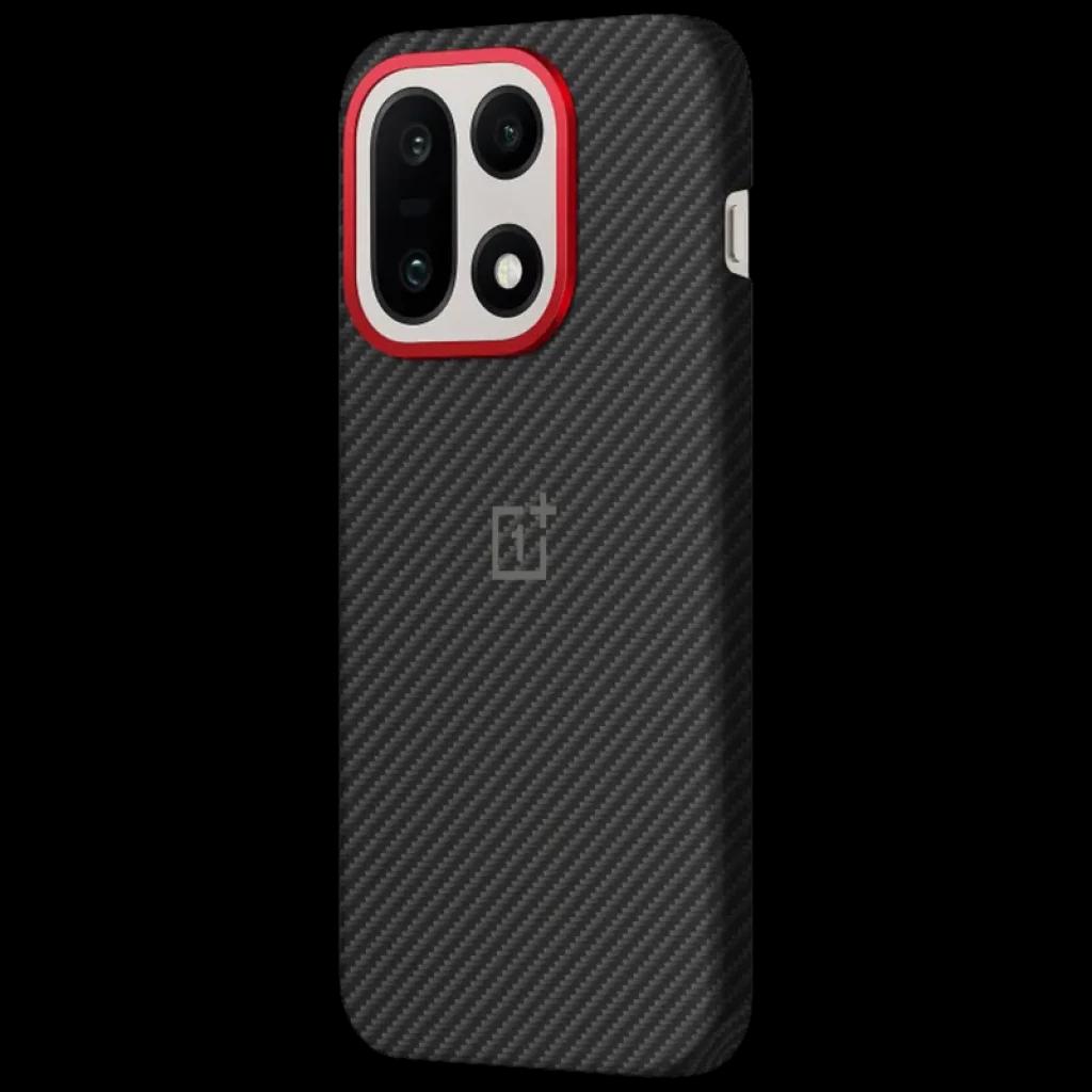 Capa magnética OnePlus 15 Aramid Fiber Preto com textura de fibra de aramida, moldura da câmera em vermelho, logo OnePlus central e recortes precisos
