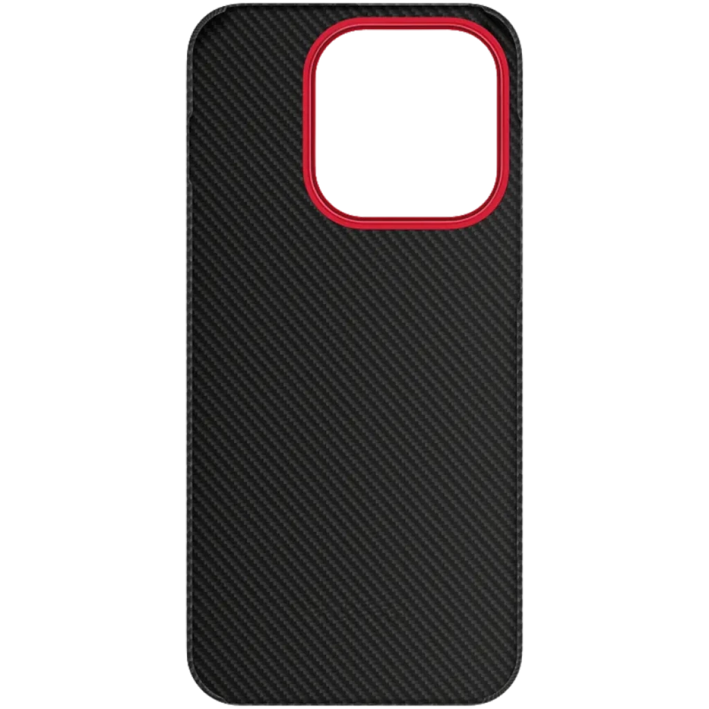 Capa magnética OnePlus 15 Aramid Fiber Preto com textura de fibra de aramida e aro vermelho na câmera, acabamento fino e leve, proteção elegante
