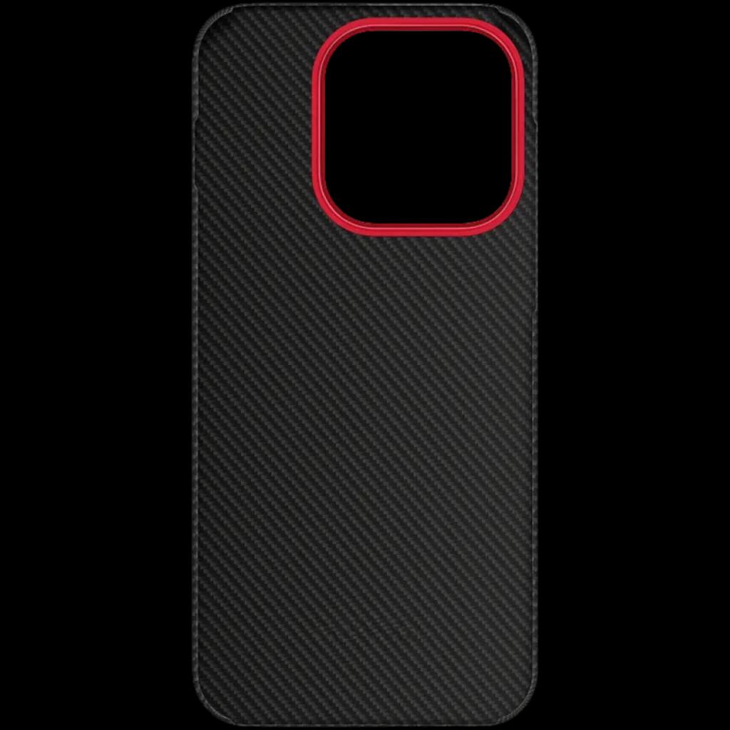 Capa magnética OnePlus 15 Aramid Fiber Preto com textura de fibra de aramida e aro vermelho na câmera, acabamento fino e leve, proteção elegante