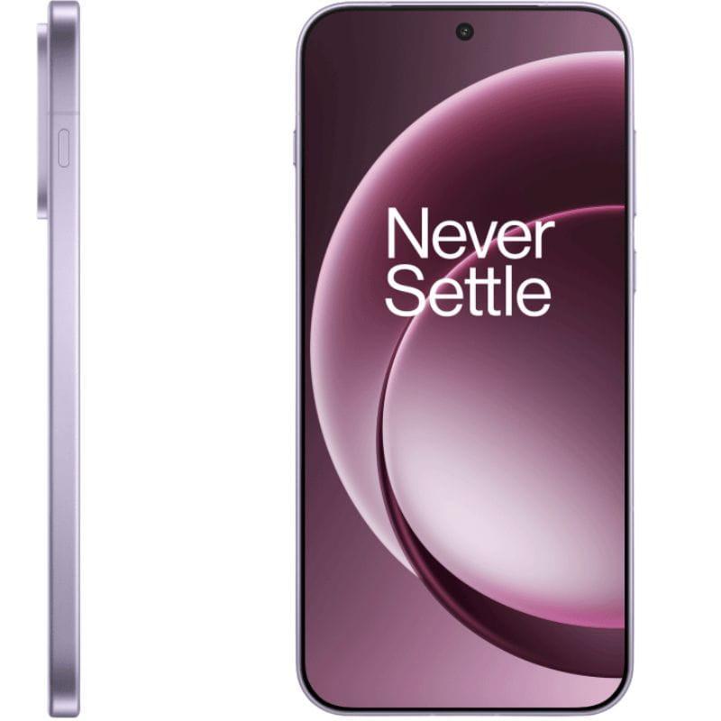 Oneplus 15 5G 16GB/512GB Violeta con módulo triple de cámaras traseras y flash, acabado mate violeta suave y bordes planos con botones laterales.