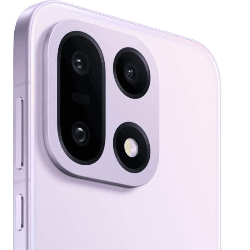 Oneplus 15 5G violeta: pantalla borde a borde con cámara frontal centrada, biseles finos y lema “Never Settle”; marco lateral delgado en tono púrpura.