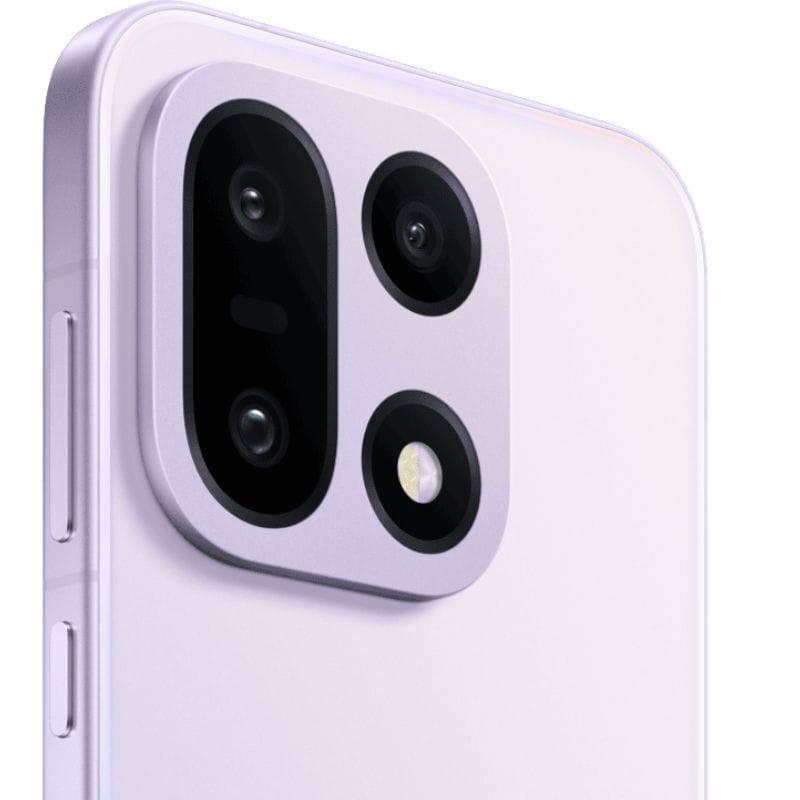 Oneplus 15 5G violeta: pantalla borde a borde con cámara frontal centrada, biseles finos y lema “Never Settle”; marco lateral delgado en tono púrpura.