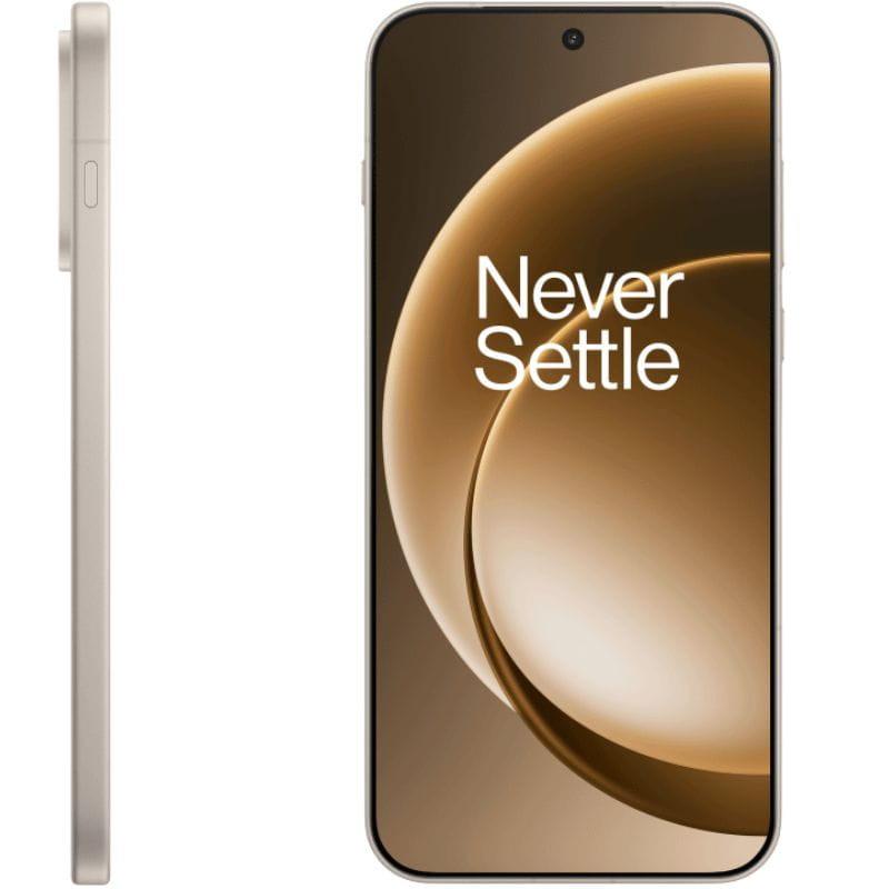 Oneplus 15 5G 16GB/512GB Arena: módulo de cámara triple en esquina, acabado arena mate, bordes planos y botón lateral; diseño minimalista y premium.