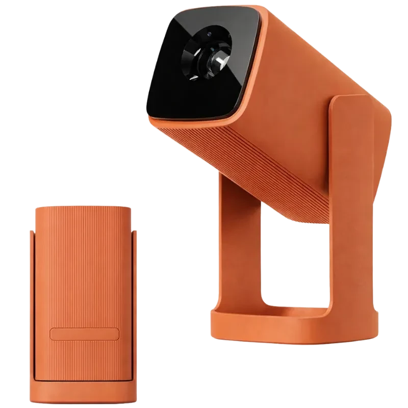 Projecteur Wanbo Cube 1 orange, compact, boîtier texturé, lentille frontale brillante, support pivotant stable, style moderne, 350 lumens HD avec Wi-Fi