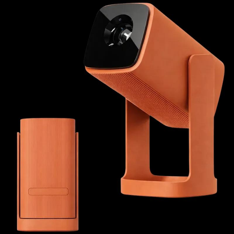 Projecteur Wanbo Cube 1 orange, compact, boîtier texturé, lentille frontale brillante, support pivotant stable, style moderne, 350 lumens HD avec Wi-Fi