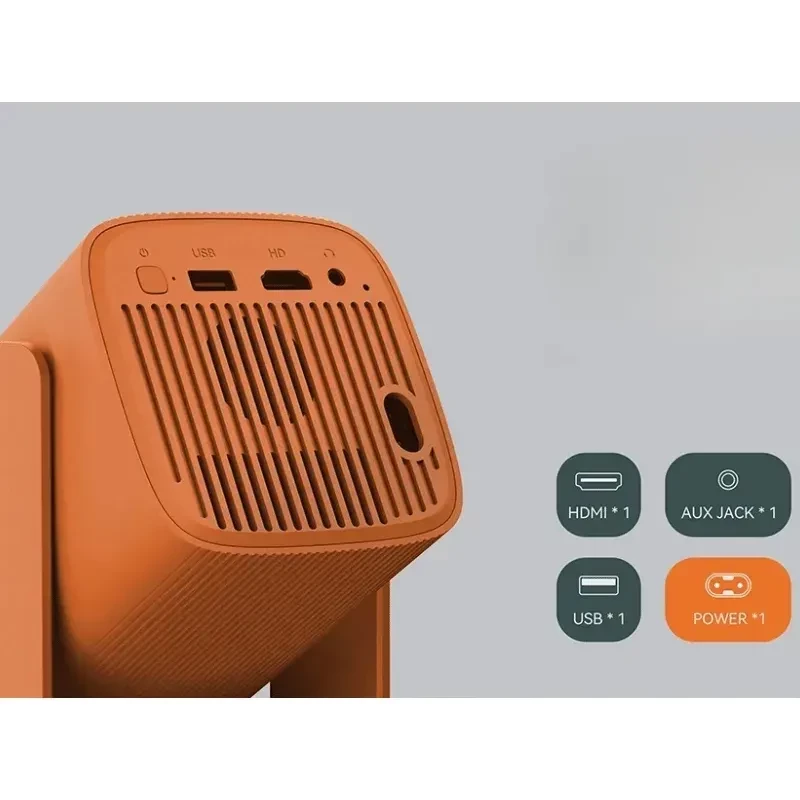 Projecteur Wanbo Cube 1 orange, boîtier compact avec grille arrière, ports HDMI, USB, jack 3,5 mm et alimentation, 350 lumens HD Wi‑Fi