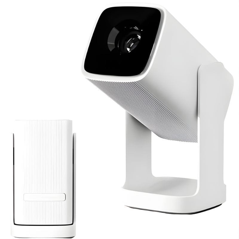 Proyector Wanbo Cube 1 en color Alpine White, diseño cúbico minimalista con soporte ajustable, lente frontal negra, ventilación lateral y acabado mate