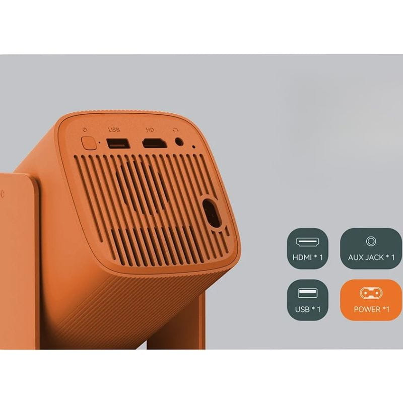 Proyector Wanbo Cube 1 Alpine White con rejilla trasera, lente lateral, puertos HDMI, USB y AUX, botón Power e indicador HD; diseño compacto y moderno