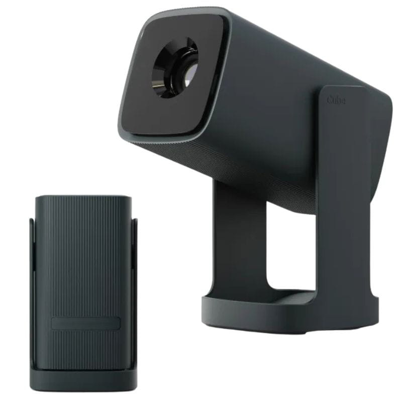 Projetor Wanbo Cube 1 em verde escuro, design compacto com suporte em U, lente frontal destacada e acabamento fosco estriado; ideal para setups modernos