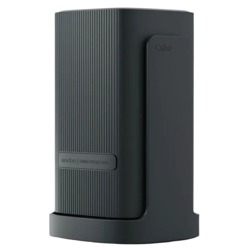 Projetor Wanbo Cube 1 Dark Green, corpo compacto e vertical, acabamento fosco com textura listrada, base estável e detalhe lateral Cube em relevo