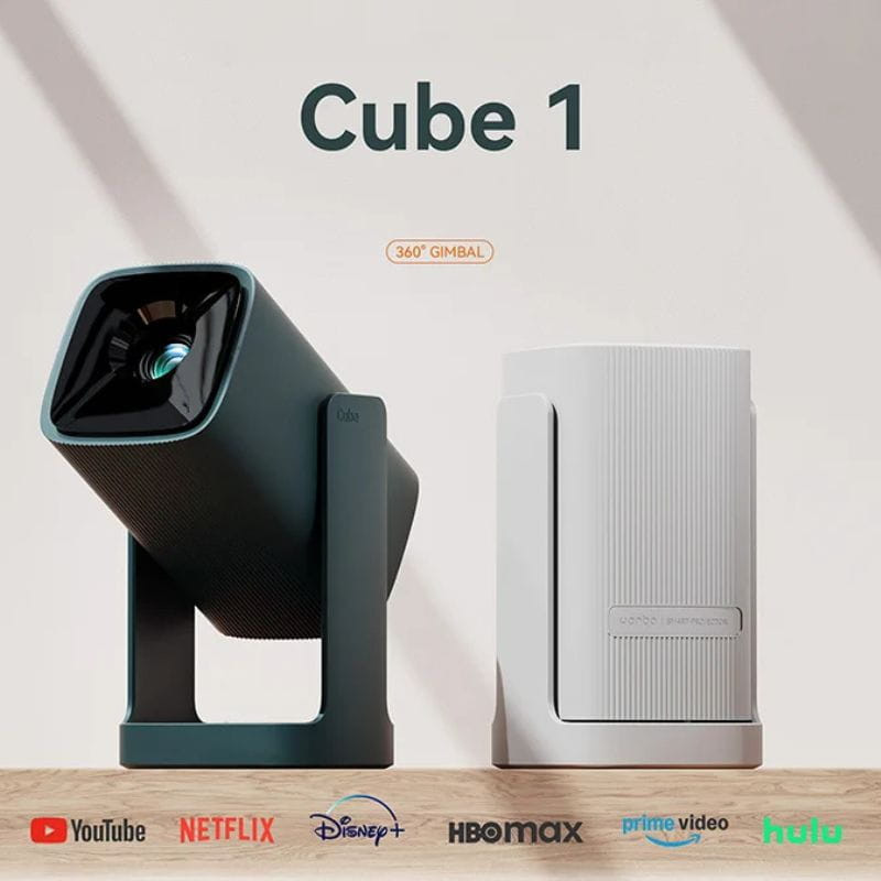 Projetor Wanbo Cube 1 em verde escuro, design cúbico com suporte giratório 360°, lente frontal destacada e corpo minimalista texturizado HD Wi‑Fi 350