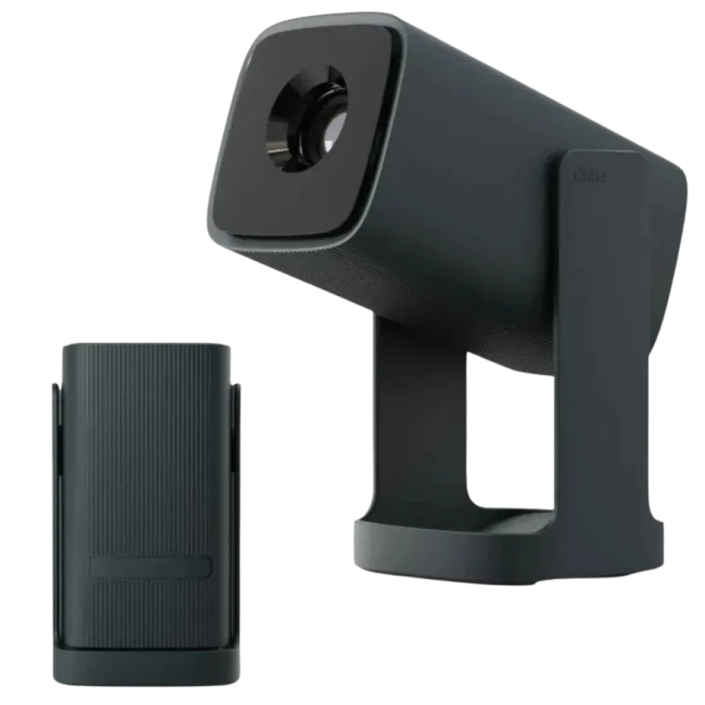 Projetor Wanbo Cube 1 verde escuro, design compacto em L com lente frontal, acabamento fosco, base estável e textura estriada no corpo. HD, 350 lúmens,