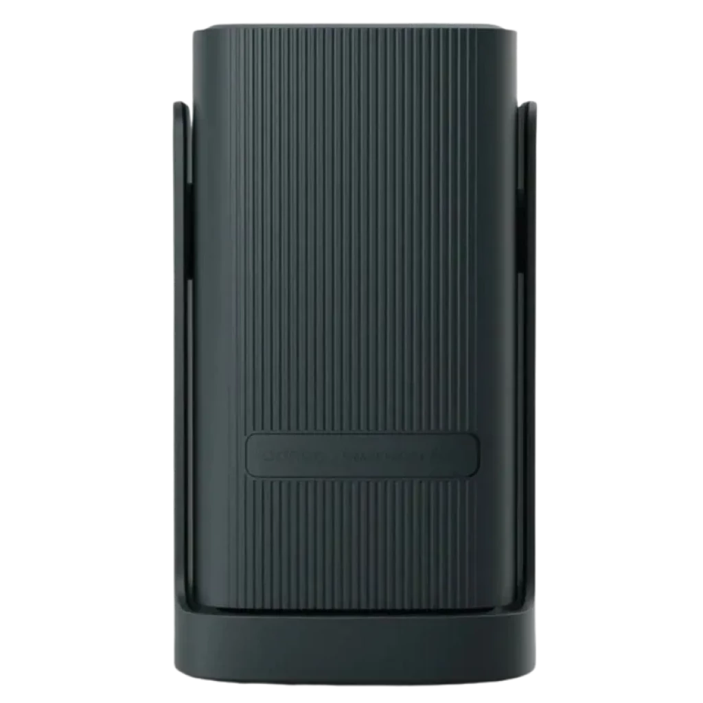 Projetor Wanbo Cube 1 em Dark Green, corpo cilíndrico com ranhuras verticais, design minimalista, acabamento fosco e laterais com suportes integrados.