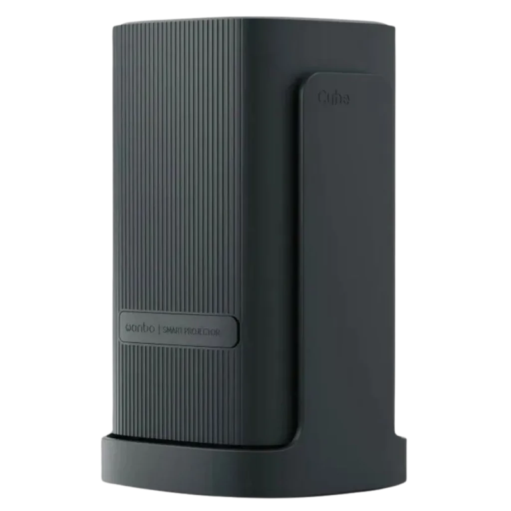 Projetor Wanbo Cube 1 Dark Green compacto, corpo vertical em verde escuro, acabamento estriado, design minimalista, base estável e painel lateral Cube