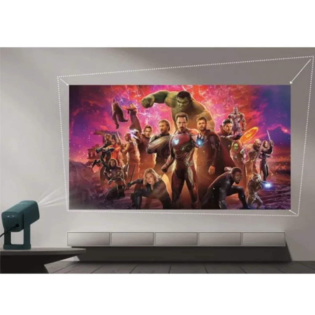 Projetor Wanbo Cube 1 verde escuro projeta tela grande com ajuste de keystone; imagem HD vibrante, 350 lúmens e Wi‑Fi para streaming doméstico