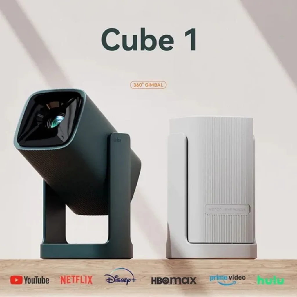 Projetor Wanbo Cube 1 350 Lúmenes HD Wi‑Fi Dark Green com suporte em forma de U, corpo compacto verde escuro e lente frontal destacada