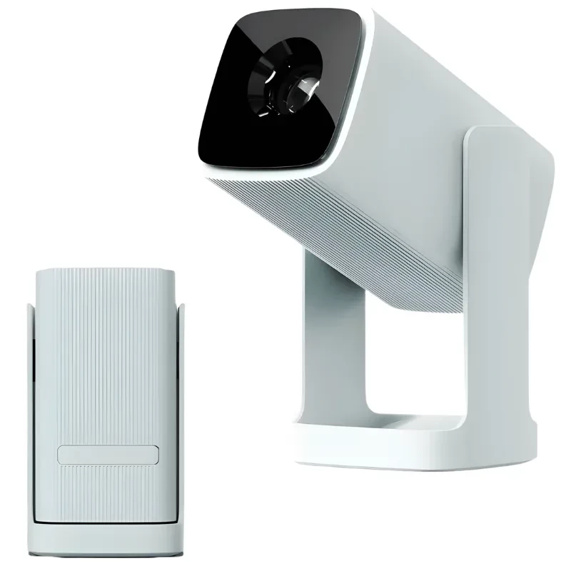 Projetor Wanbo Cube 1 em Sky Blue, corpo compacto vertical com textura estriada, laterais lisas e acabamento minimalista moderno