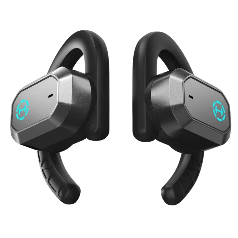 Edifier AIR 2 TWS open ear para gaming; dos auriculares negros con gancho ergonómico, carcasa angular gris y luz LED azul con icono circular tech