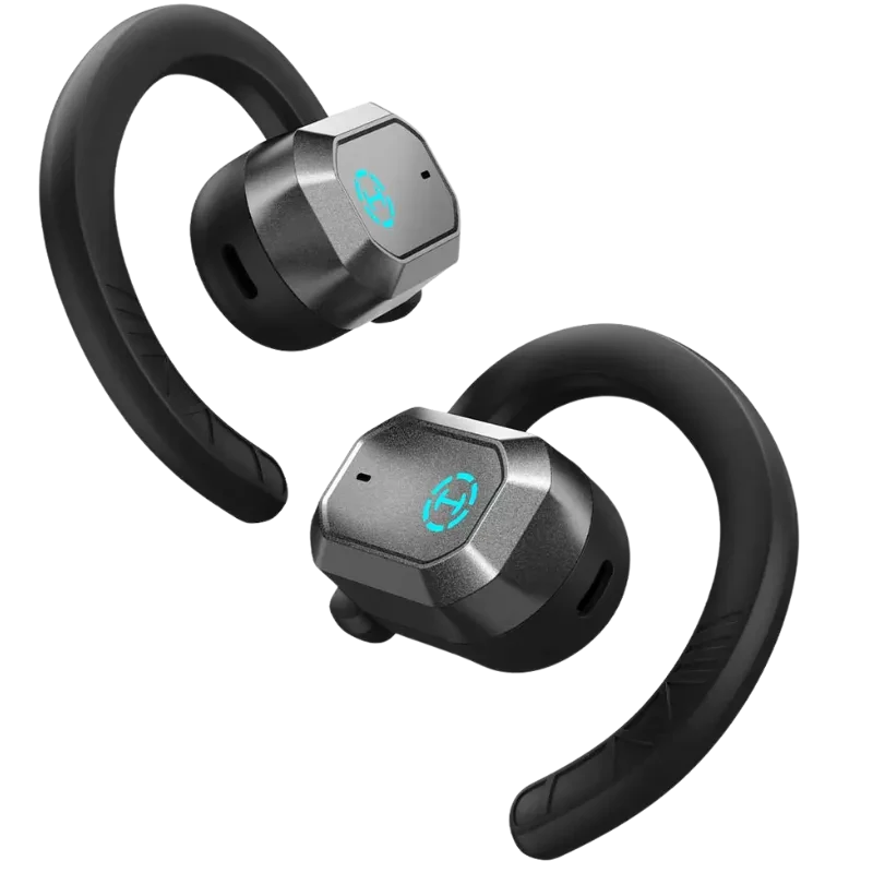 Edifier AIR 2 TWS - Auriculares open ear gaming Bluetooth con ganchos ergonómicos negros, carcasa metálica gris y logo LED azul en cada pieza