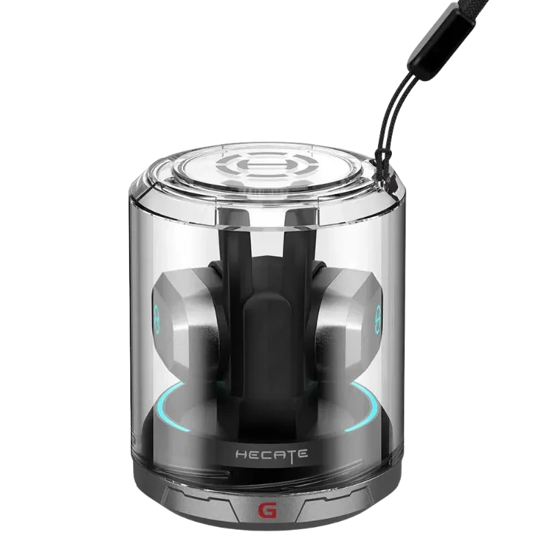 Edifier AIR 2 TWS Hecate: estuche cilíndrico transparente con luz LED azul, base gris con logo G, correa superior y auriculares open ear en posición vertical