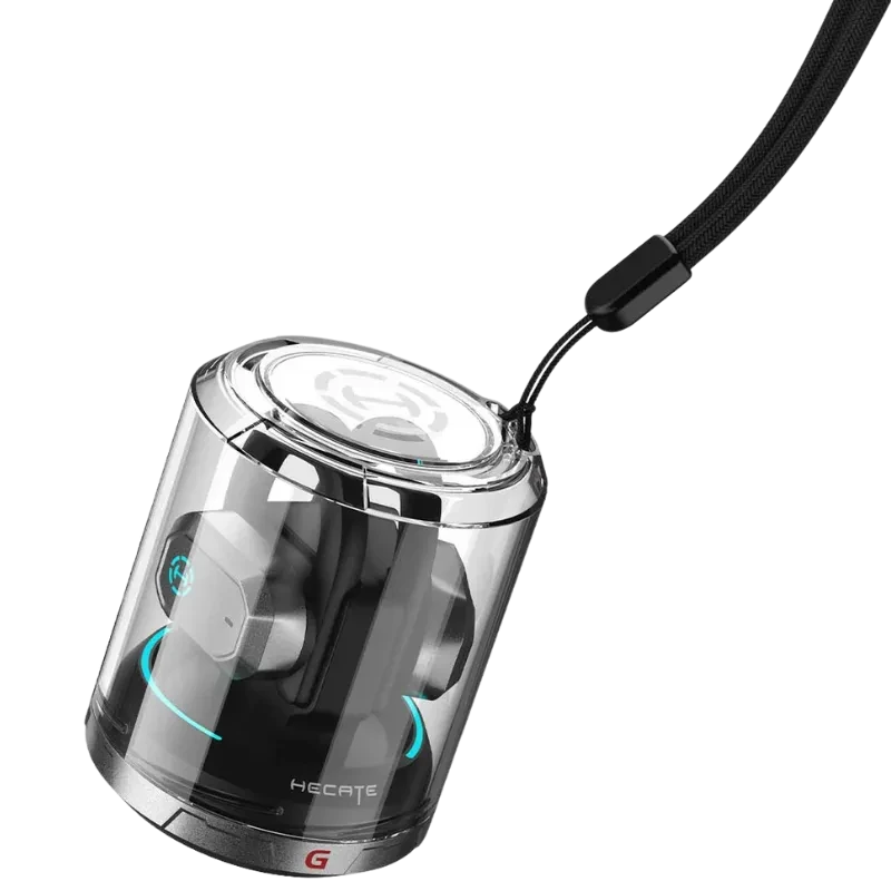 Estuche transparente cilíndrico con correa, luces LED azules y logo Hecate, mostrando auriculares Edifier AIR 2 TWS open ear de diseño gaming plateado.