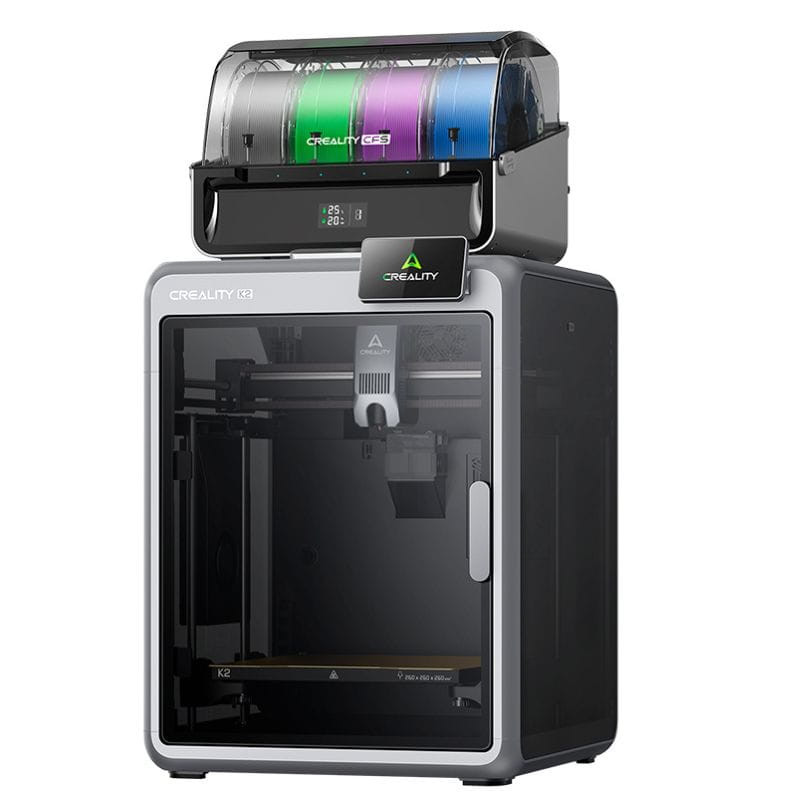 Imprimante 3D Creality K2 Combo avec boîtier fermé, écran tactile, extrudeur direct et module supérieur pour bobines multicolores, design noir et argent