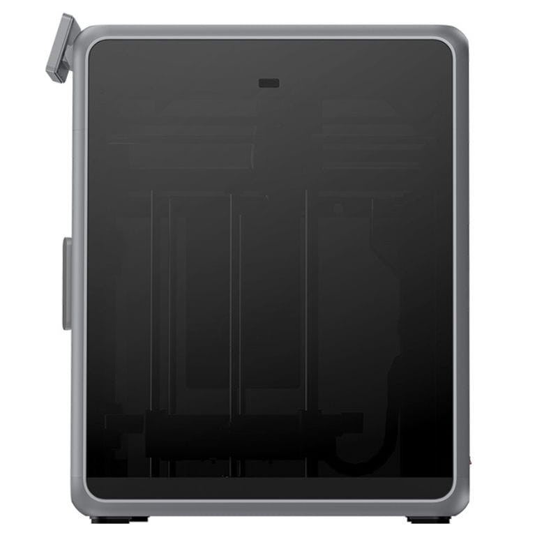 Imprimante 3D Creality K2 Combo avec boîtier fermé, porte fumée noire, cadre gris, écran supérieur discret et mécanisme interne visible pour impression