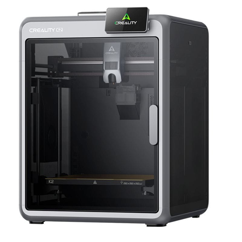 Imprimante 3D Creality K2 Combo compacte, boîtier fermé en verre fumé, écran supérieur incliné, châssis alu gris, volume d’impression 250 x 250 x 250