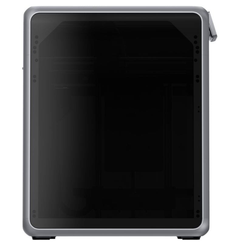 Imprimante 3D Creality K2 au châssis gris, enceinte fermée avec grande porte vitrée teintée, bords arrondis et poignée latérale ergonomique